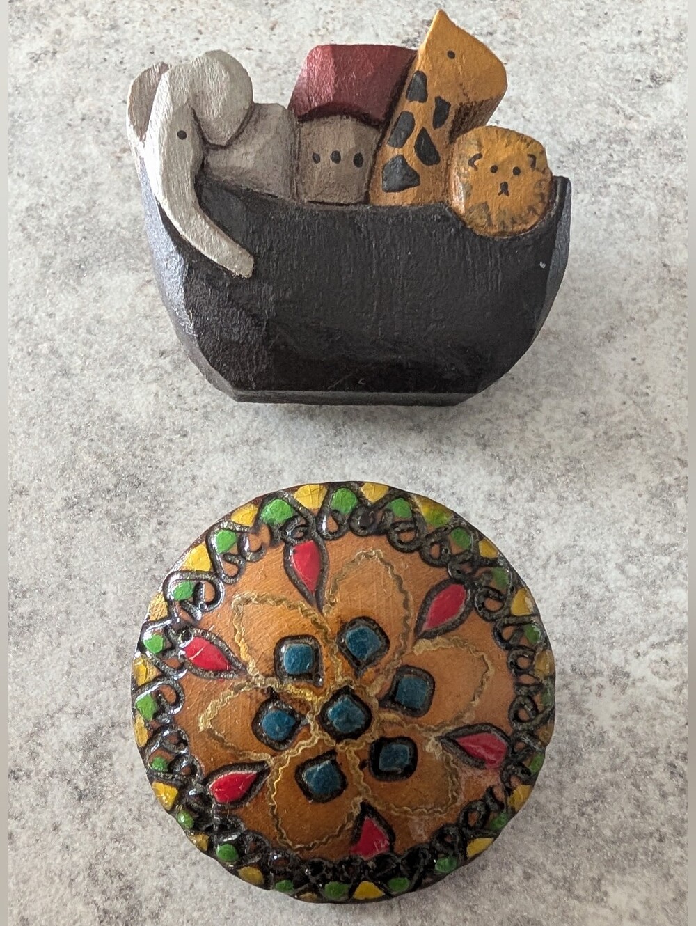 Handcrafted Wooden Brooch Set, Ark With Animals And Floral Mandala